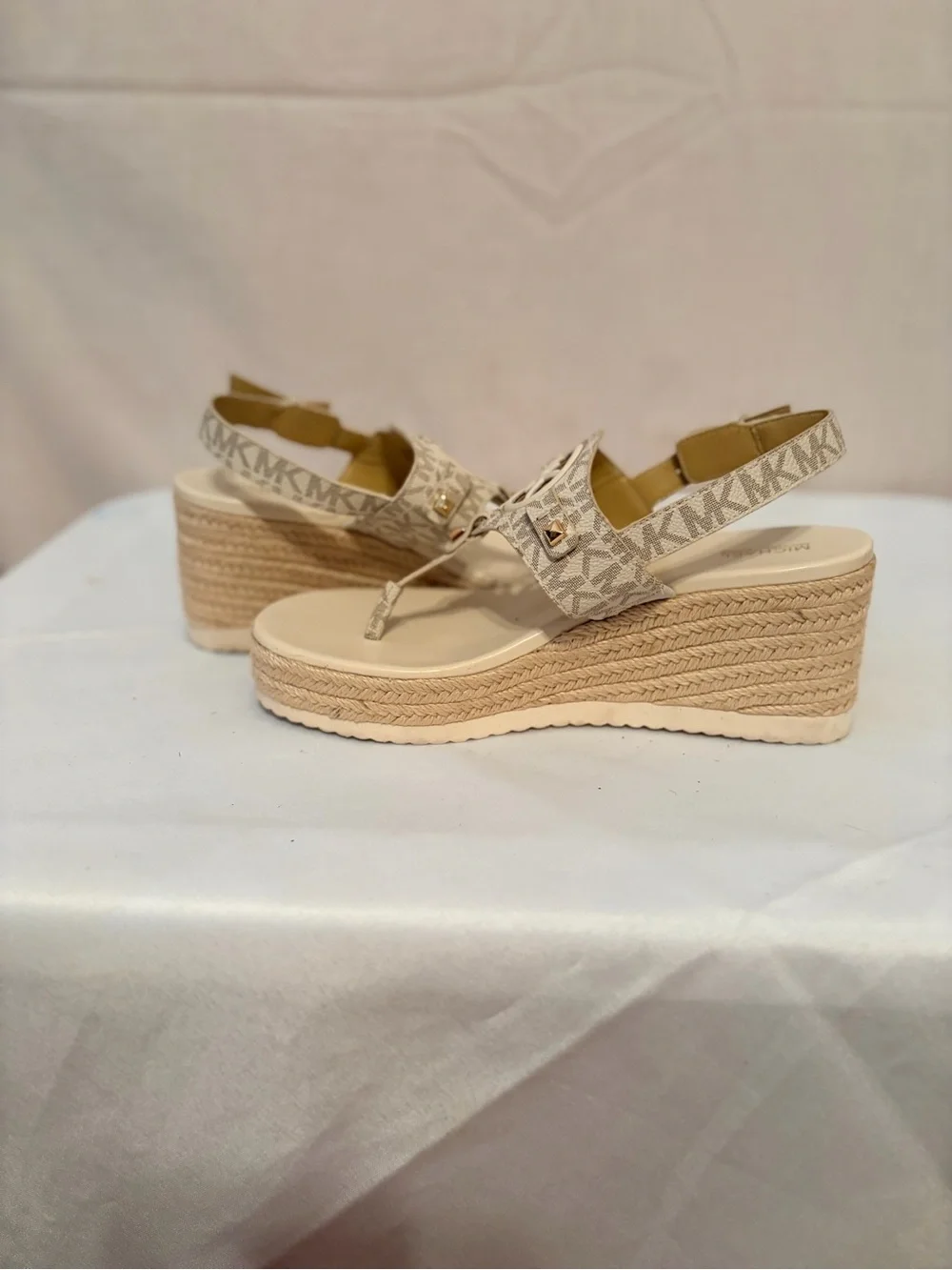 Michael Kors Neutral Beige Logo Espadrille Wedge Sandals
